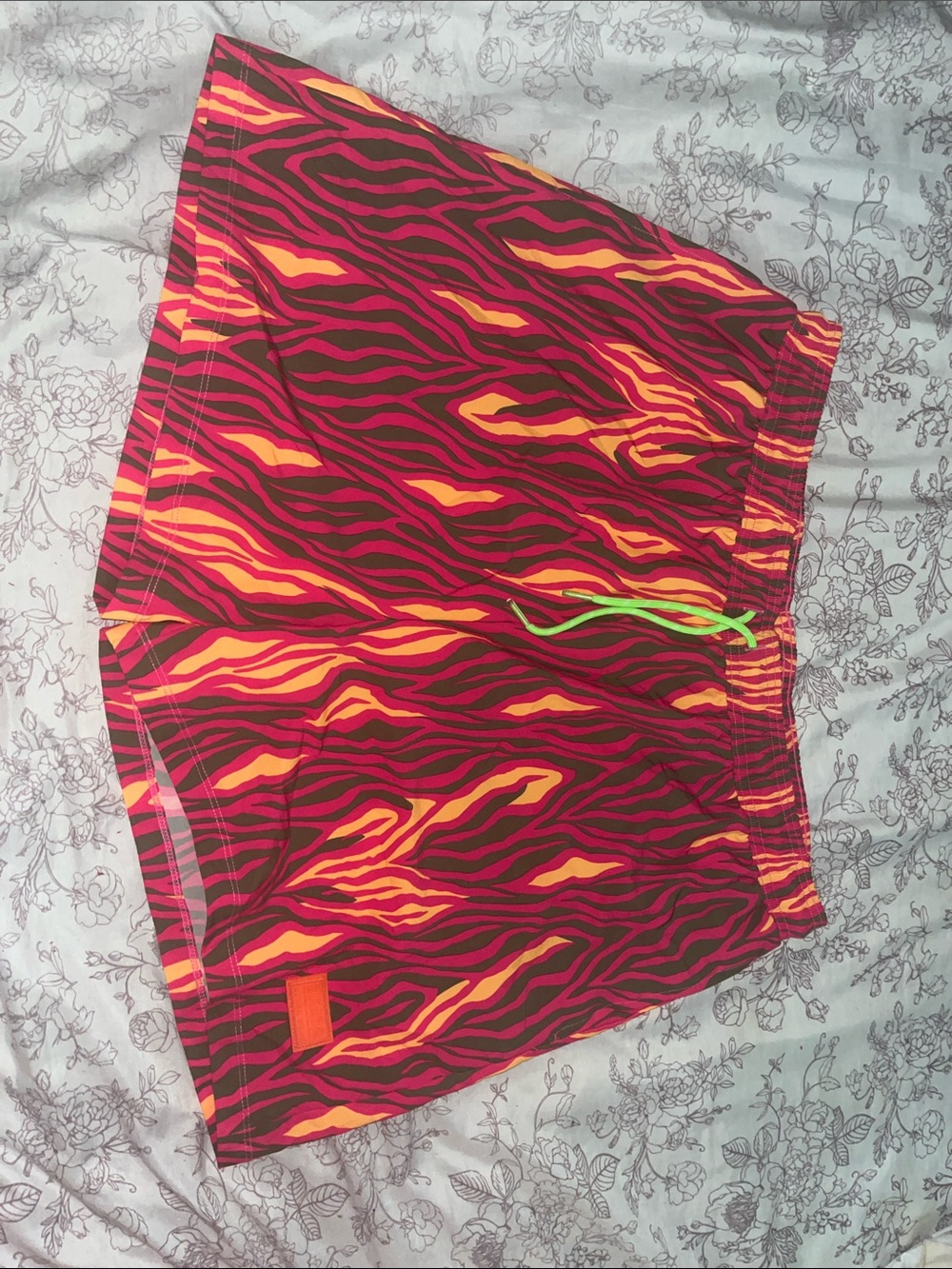 Zumba Fitness Neon Green-Drawstring Red & Orange Wave Athletic Shorts